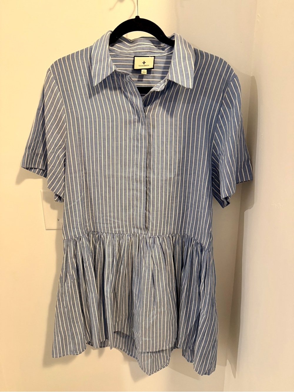 Tuckernuck Blue and White Striped Short-Sleeve Peplum Dress
